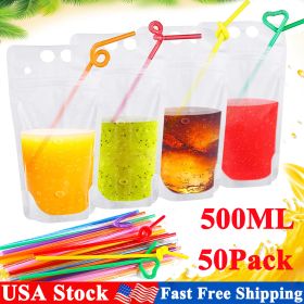 50PCS Drink Pouches Plastic Stand-Up Juice Bag Hand-Held Smoothie Bag w/ 50 Straws