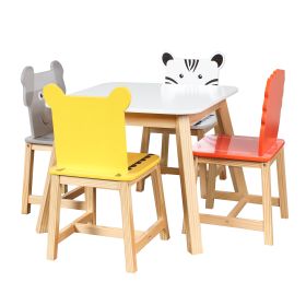 5 Piece Kiddy Table and Chair Set , Kids Wood Table with 4 Chairs Set Cartoon Animals