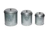 Galvanized Metal Lidded Canister With Ribbed Pattern; Set of Three; Gray