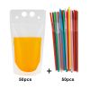 50PCS Drink Pouches Plastic Stand-Up Juice Bag Hand-Held Smoothie Bag w/ 50 Straws