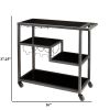 Contemporary Style Metal Bar Cart With Tempered Glass Shelves; Gunmetal Gray Black