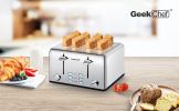 Toaster 4 Slice, Geek Chef Stainless Steel Extra-Wide Slot Toaster with Dual Control Panels of Bagel/Defrost/Cancel Function(Sliver-Black)