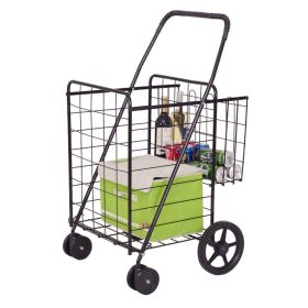 Jumbo Basket Folding Shopping Cart With Swiveling Wheels And Dual Storage Baskets (Color: Black)