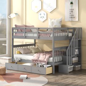 Stairway Full-Over-Full Bunk Bed with Drawer;  Storage and Guard Rail for Bedroom (Color: Gray)