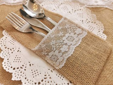 25/50/100PCS 4 x 8Inch Natural Burlap Lace Storage Bag Linen Cutlery Pouch Knife Fork Tableware Poket Utensil Organizer for Wedding Party Restaurant (QTY: 100PCS)